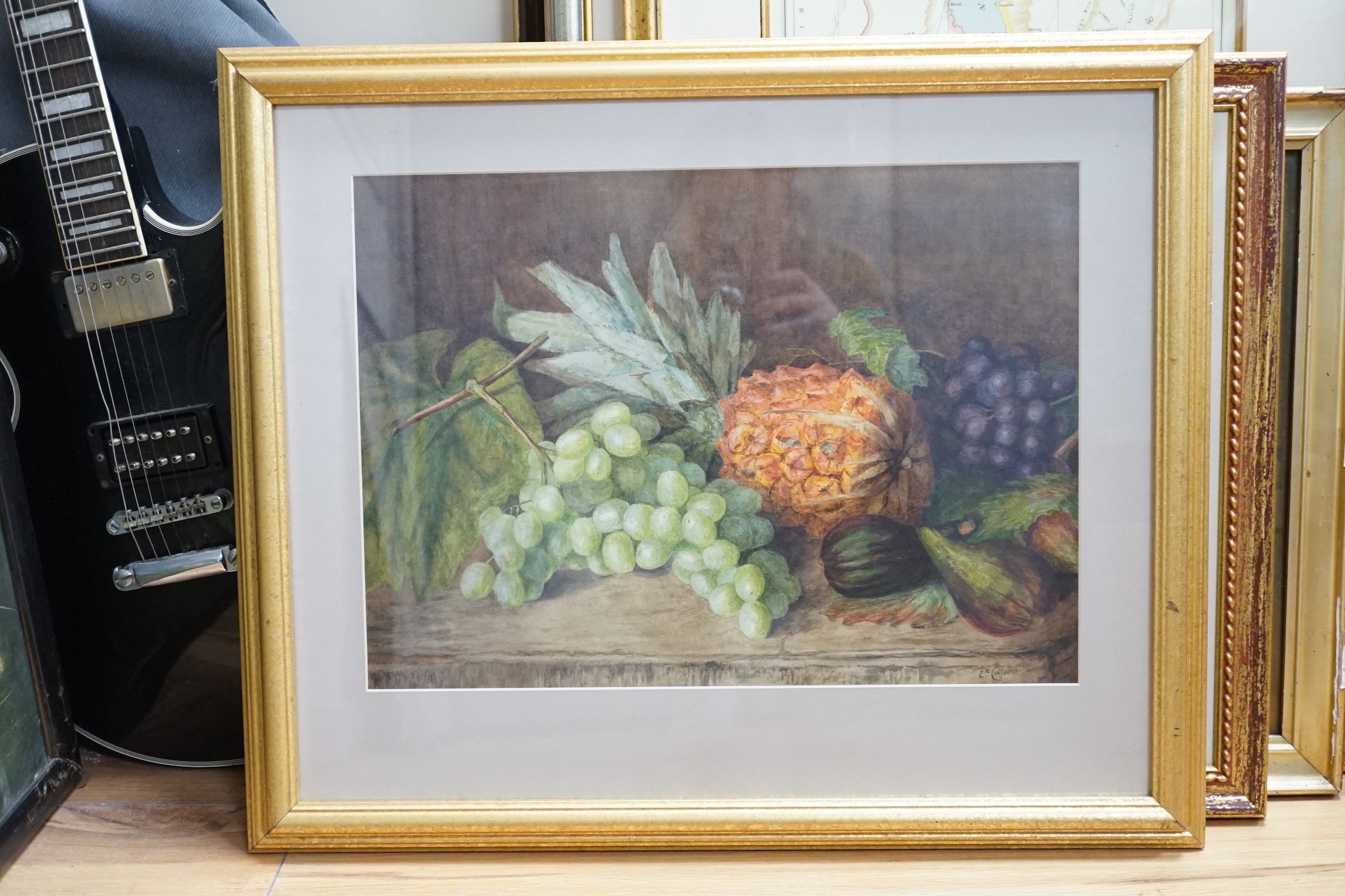 Parker Hagarty (1854-1934), watercolour, River landscape, signed, 25 x 34cm, and two watercolours, a still life of fruit and a study of doves by Edith Cottam (Exh.1886-1892), signed and dated 1892, 32 x 46cm